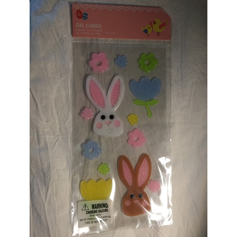 NEW Spring Summer Easter Rabbits Bunnies Flowers Window Gel Clings Decors 29 ct!